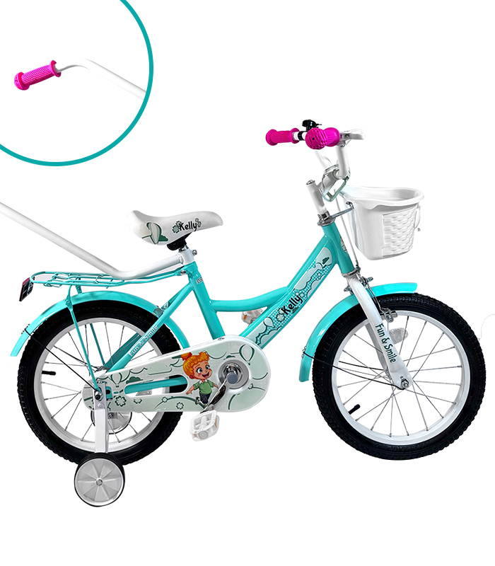 Bicicletă pentru copii cu bară de ghidare, coș și roți auxiliare 16 – pre deti od 4 do 6 rokov