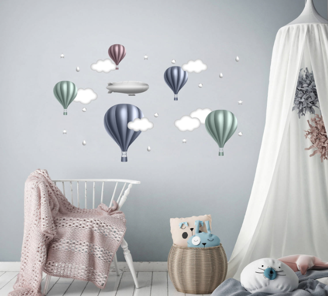 Wall sticker baloane, nori și dirijabile în culori moi
