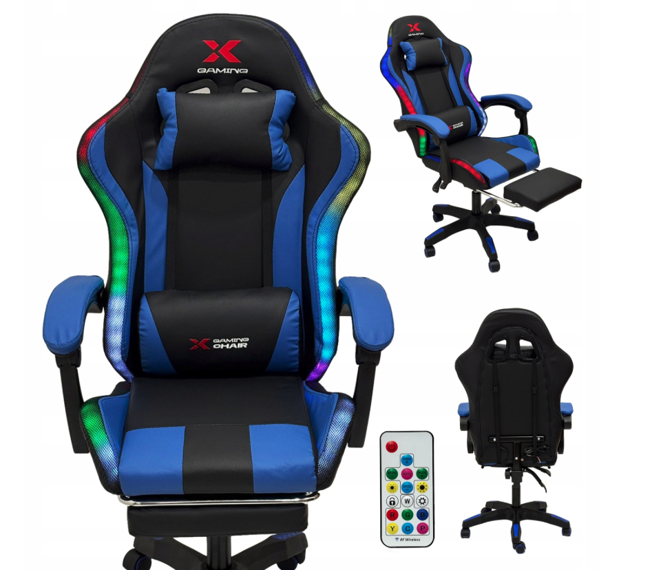 Scaun de gaming Xgaming LED cu suport pentru picioare - negru și albastru