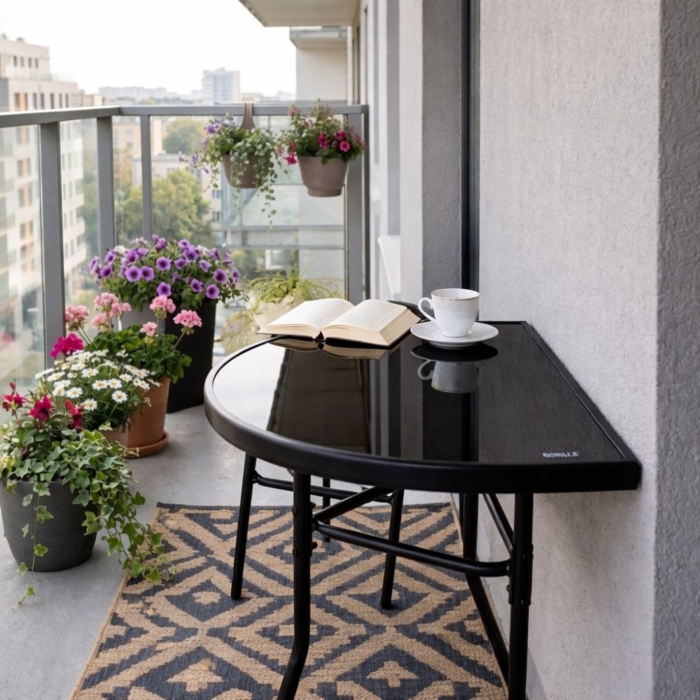 Pologuľatýbalkónovýstolíkčierny–sklenenýskovovoukonštrukciou