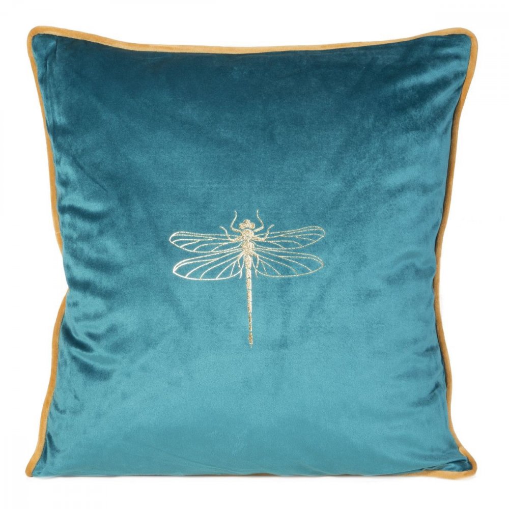 Față de pernă decorativă din catifea aurie turcoaz cu motiv de libelulă 45 x 45 cm