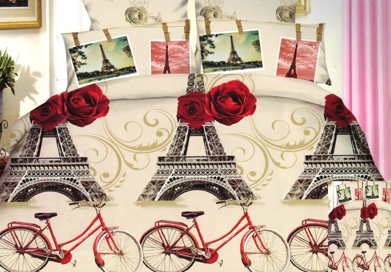 Béžové povlečení na postel s obrázky Eiffelovy věže v Paříži s červenými koly a růžemi