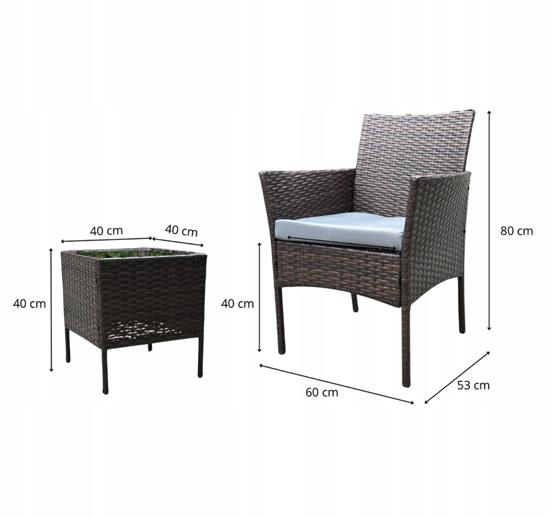 Set rattan cu masă și 2 fotolii - maro + perne gri deschis