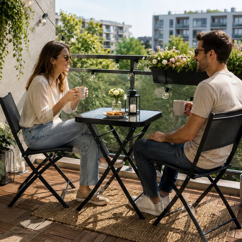 Balkónovýzáhradnýsetpre2osoby–sklenenýstôl+2stoličky