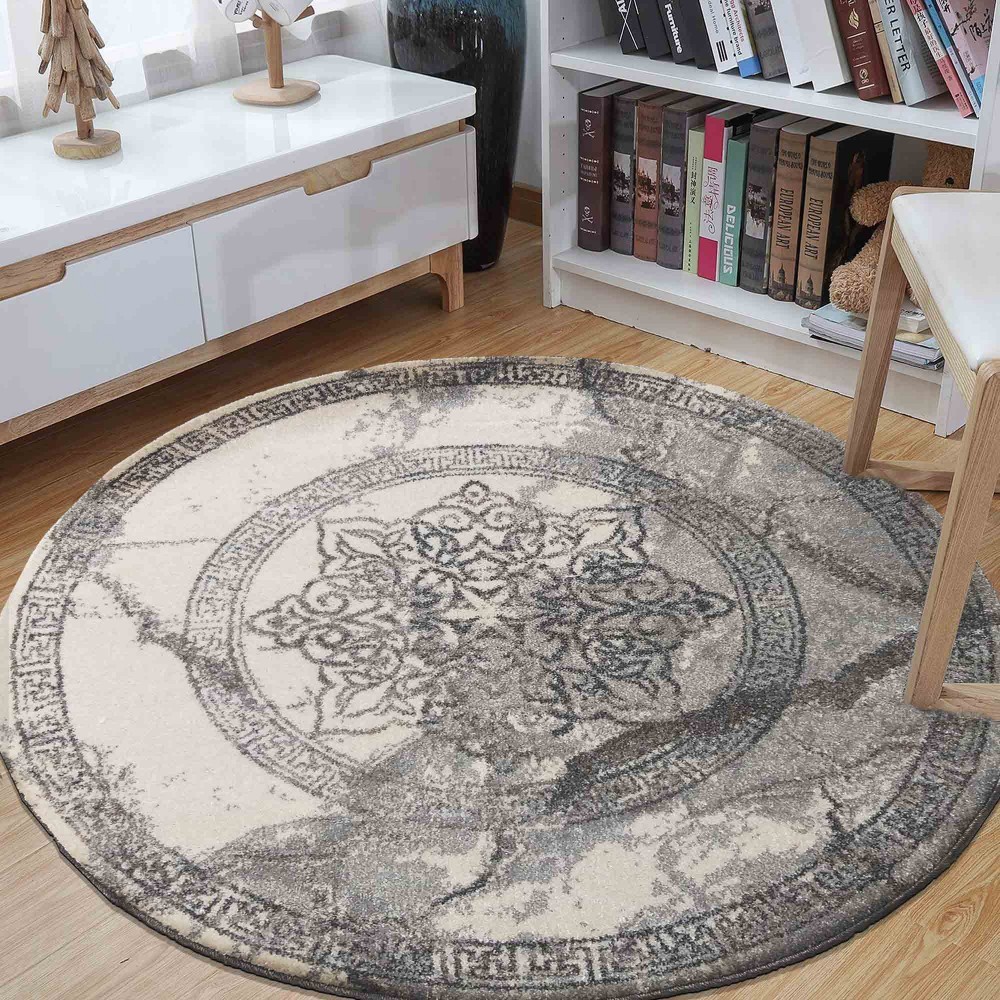 Stylový šedý kulatý koberec se vzorem mandaly Šířka: 200 cm | Délka: 200 cm