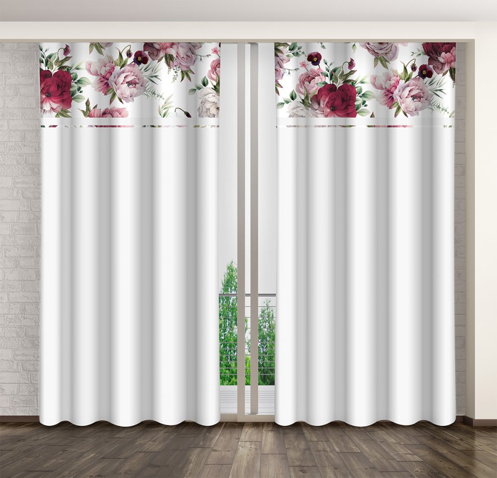 Egyszerű fehér függöny rózsaszín és bordó pünkösdi rózsaszínnel és bazsarózsaszínnel Szélesség: 160 cm | Hossz: 270 cm