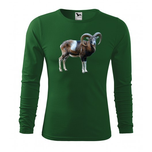 Bavlněné pánské tričko s dlouhým rukávem a potiskem muflona S Zelená