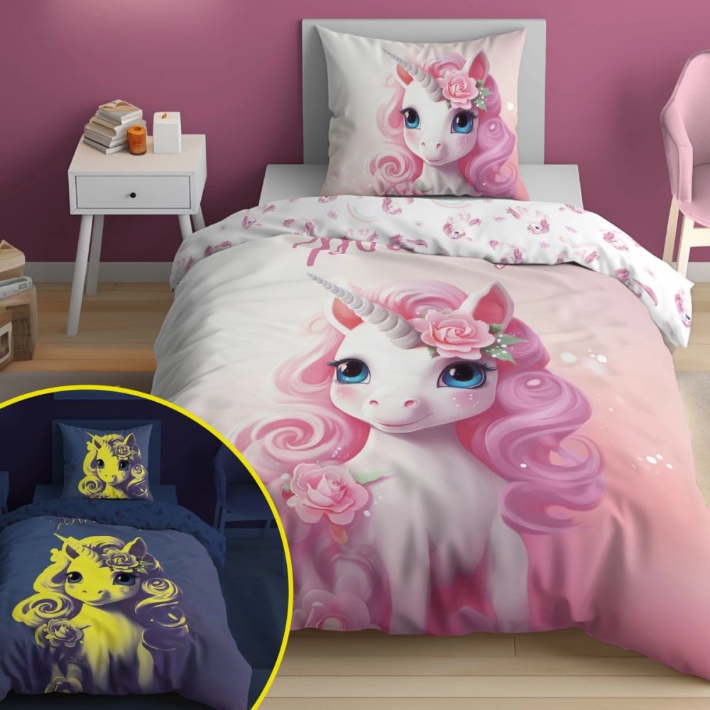 Lenjerie de pat din bumbac pentru copii - Unicorn (strălucește în întuneric) Latime: 140 cm | Lungime: 200 cm