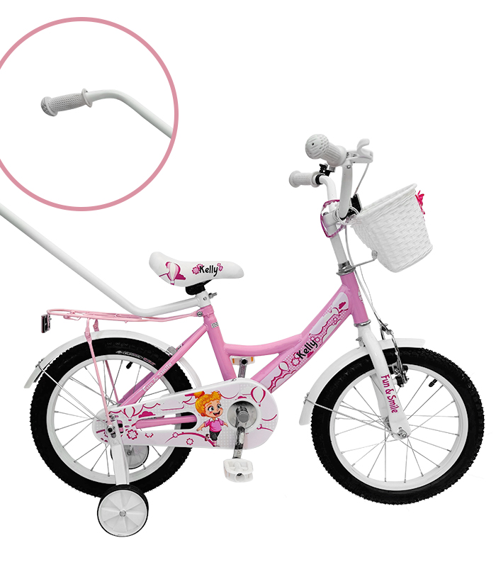 Bicicletă pentru copii cu roți auxiliare, bară de ghidare, coș și clopoțel 16 – pre deti od 4 do 6 rokov