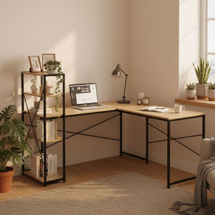 DomTextilu Rohovýpracovnýahernýstôlspolicamisvetláhnedá MULTH-CD_LIGHTBROWN svetlá hnedá