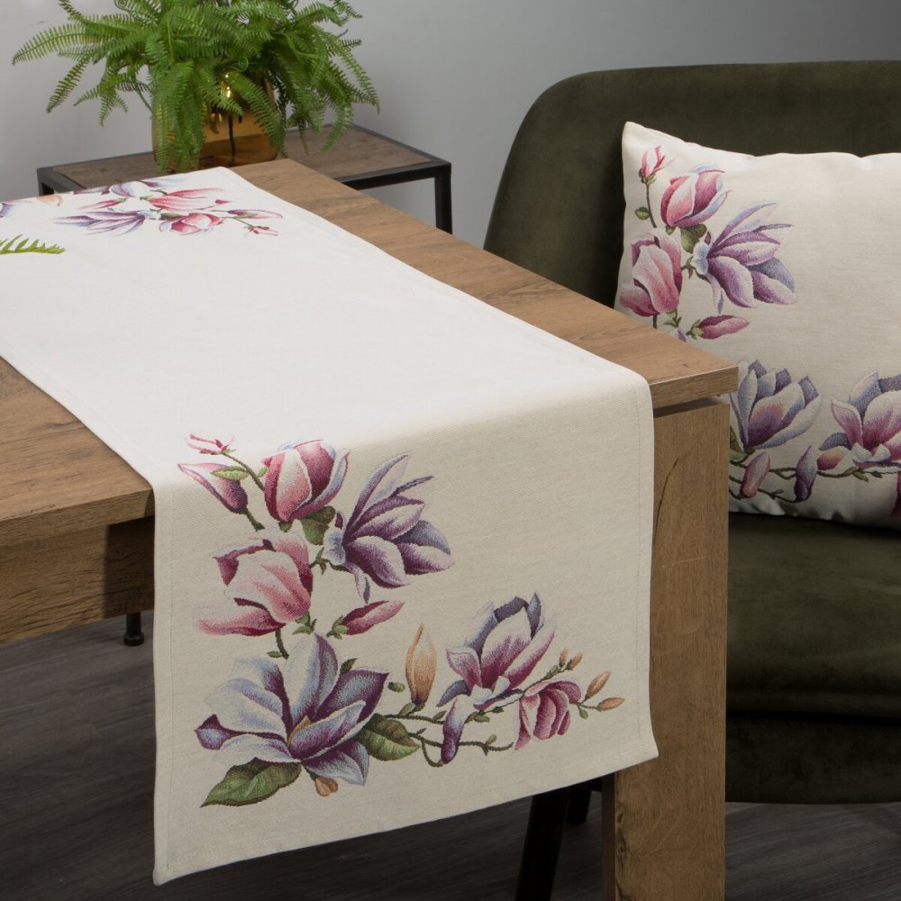 Traversa pentru masa bej tapițerie cu model magnolie fin țesută Lățime: 45 cm | Lungime: 140 cm