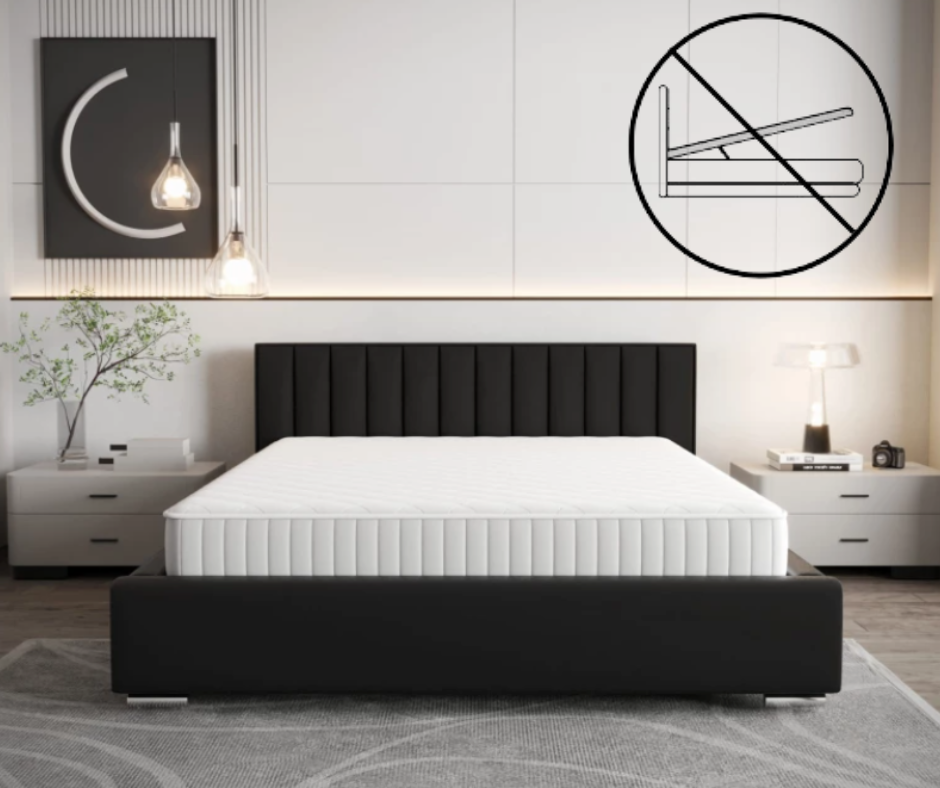Moderní čalouněná postel s vertikálním prošíváním na čele v černé barvě bez úložného prostoru