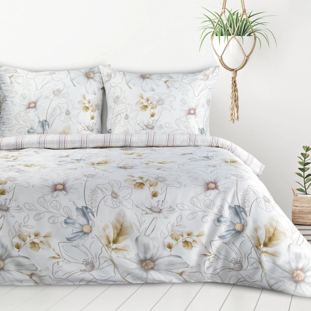 Lenjerie de pat reversibilă cu un imprimeu decent de flori - alb 2 părți: 1 buc 140x200 + 1 buc 70x80