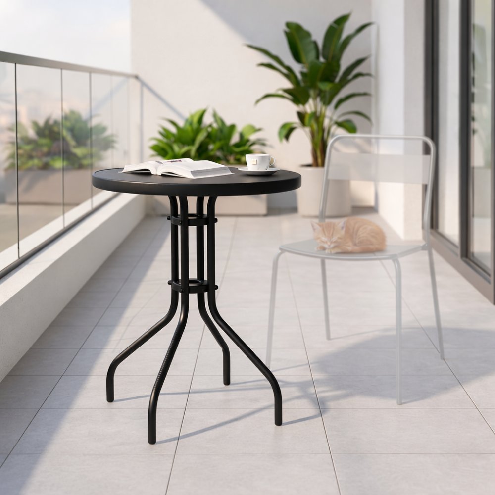 Okrúhlyzáhradnýstolík60cmstvrdenýmsklom-čierny 70876