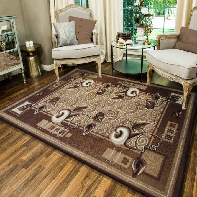 Hnědý koberec do kuchyně s motivem listů Šířka: 250 cm | Délka: 350 cm