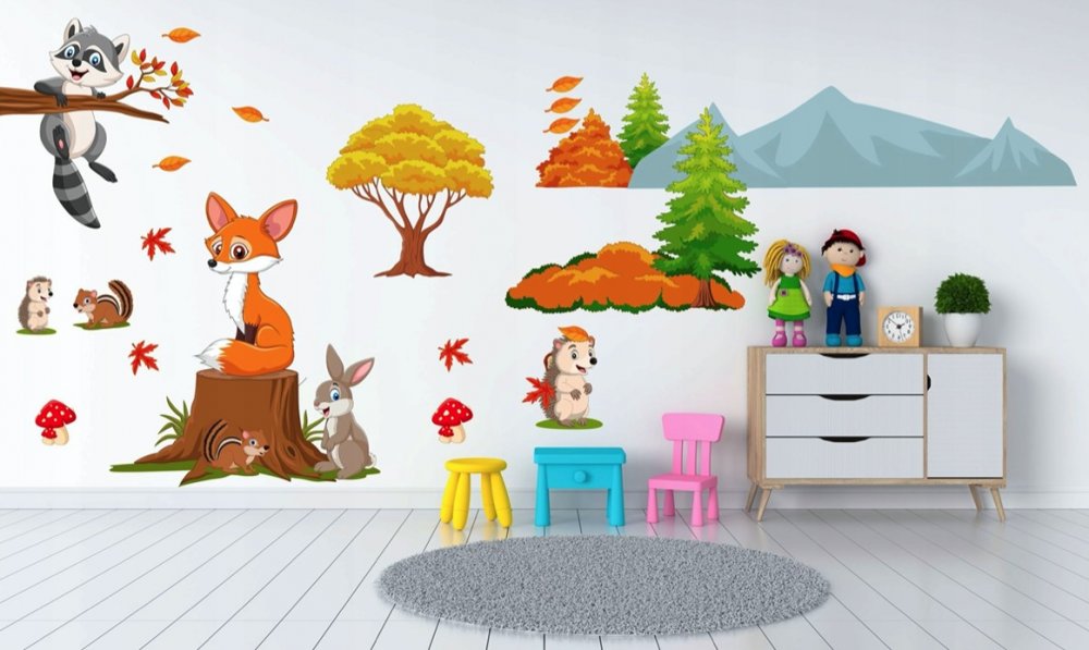Veselá detská nálepka na stenu zvieratká na jeseň 80 x 160 cm
