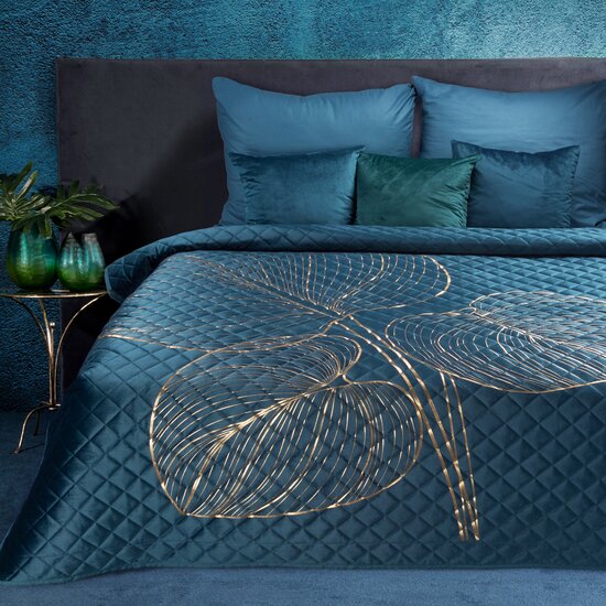 Elegáns ágytakaró BLANKA sötétkék arany motívummal Szélesség: 170 cm | Hossz: 210 cm