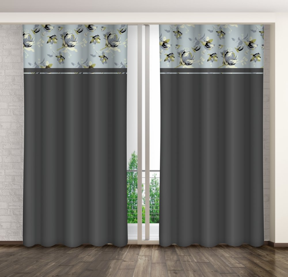 Sötétszürke dekoratív függöny magnólia mintával Szélesség: 160 cm | Hossz: 250 cm