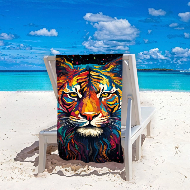 Prosop de plajă tigru colorat - motiv exotic, uscare rapidă 100x180 cm