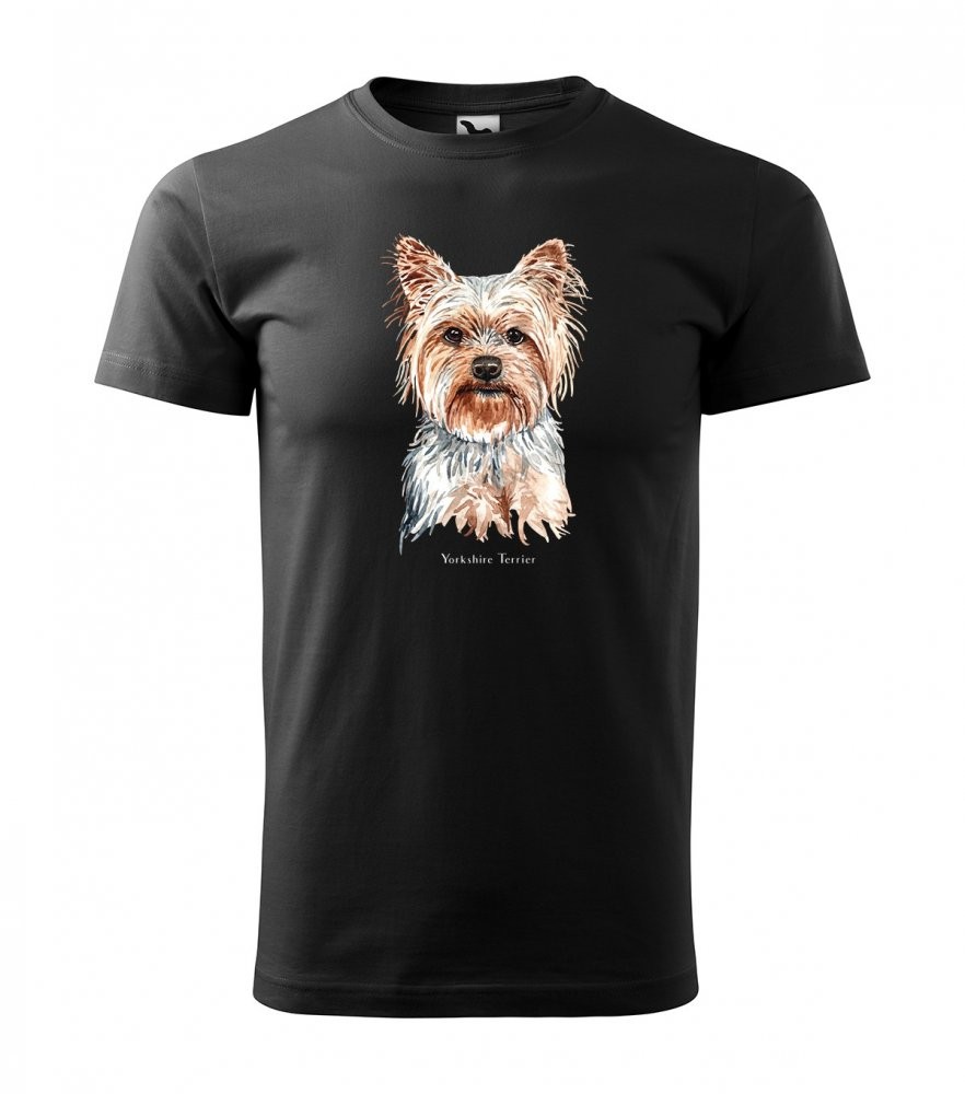 Vysoce kvalitní bavlněné pánské tričko s potiskem psa yorkshire terrier Černá L