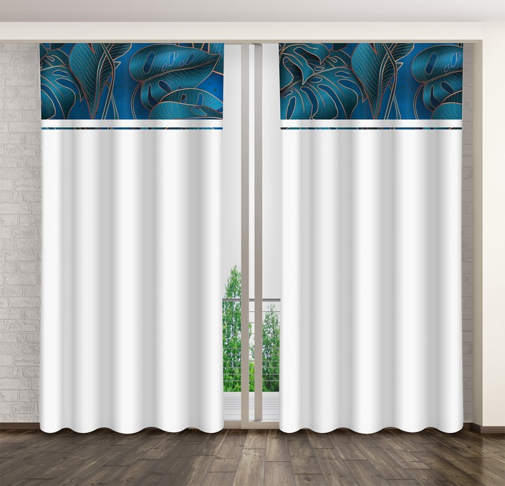 Elegantnýzávesvbielejfarbespotlačoutyrkysovýchlistov Elegantnýzávesvbielejfarbespotlačoutyrkysovýchlistov