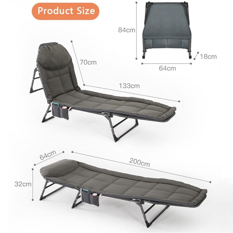 Șezlong pliabil pentru camping 200 × 64 cm cu buzunar