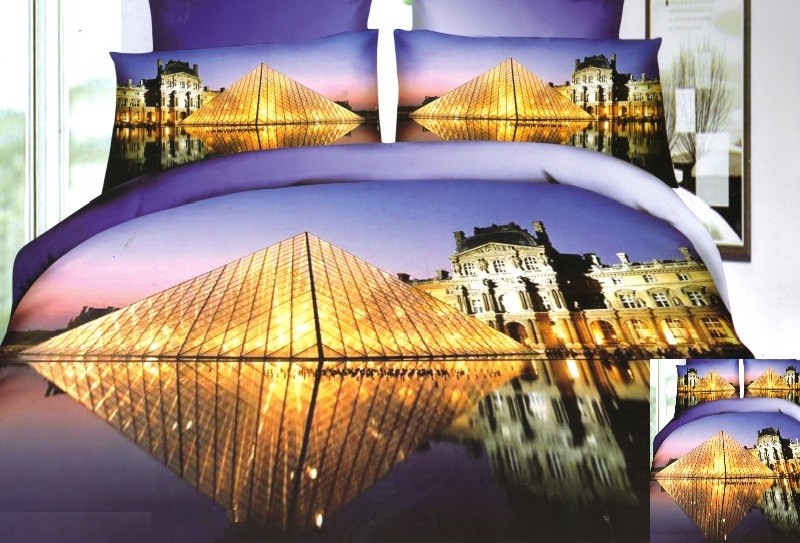 Fialové povlečení na postel s nočním Paříží a Louvre