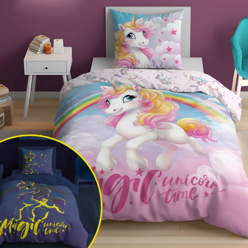 Lenjerie de pat din bumbac care strălucește în întuneric - motiv unicorn 2 piese: 1 buc 140x200 + 1 buc 70x80