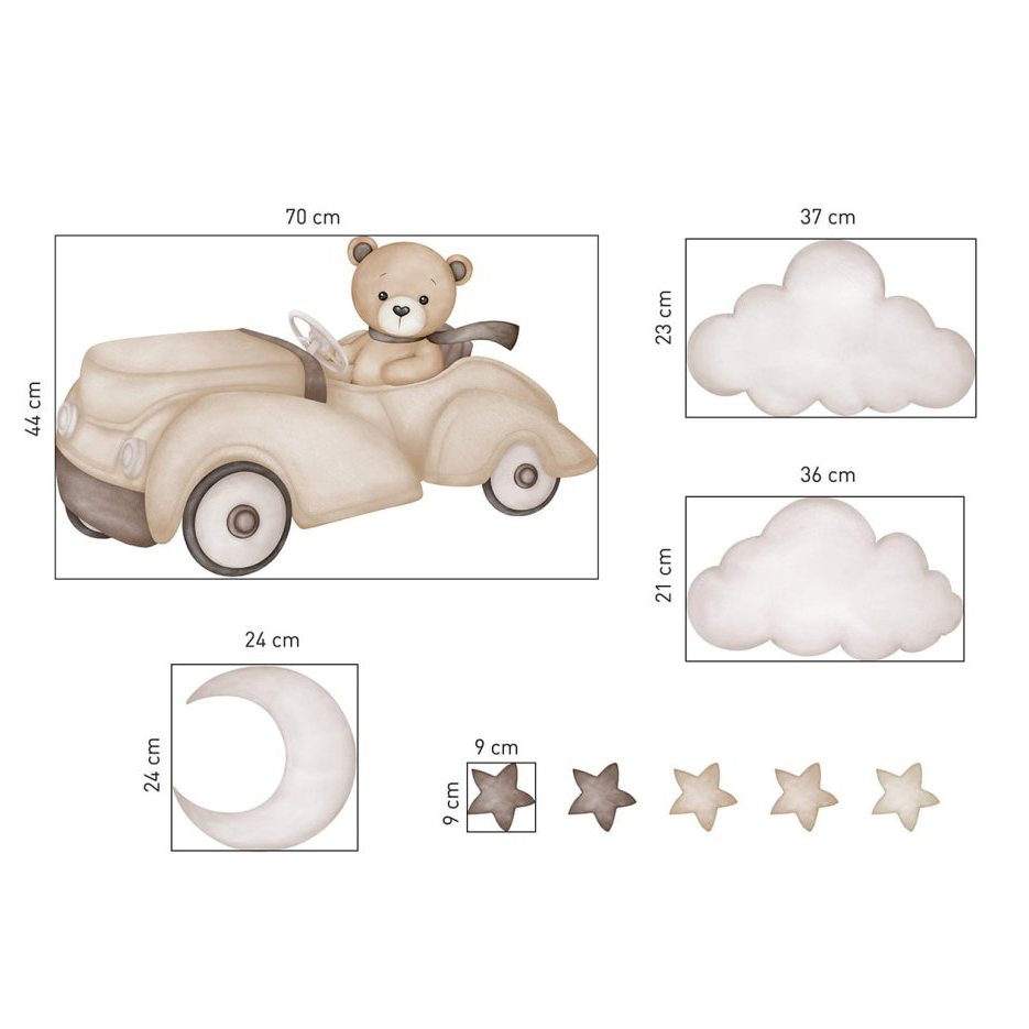 Wall sticker pentru camera copiilor - ursuleț de pluș într-o mașină