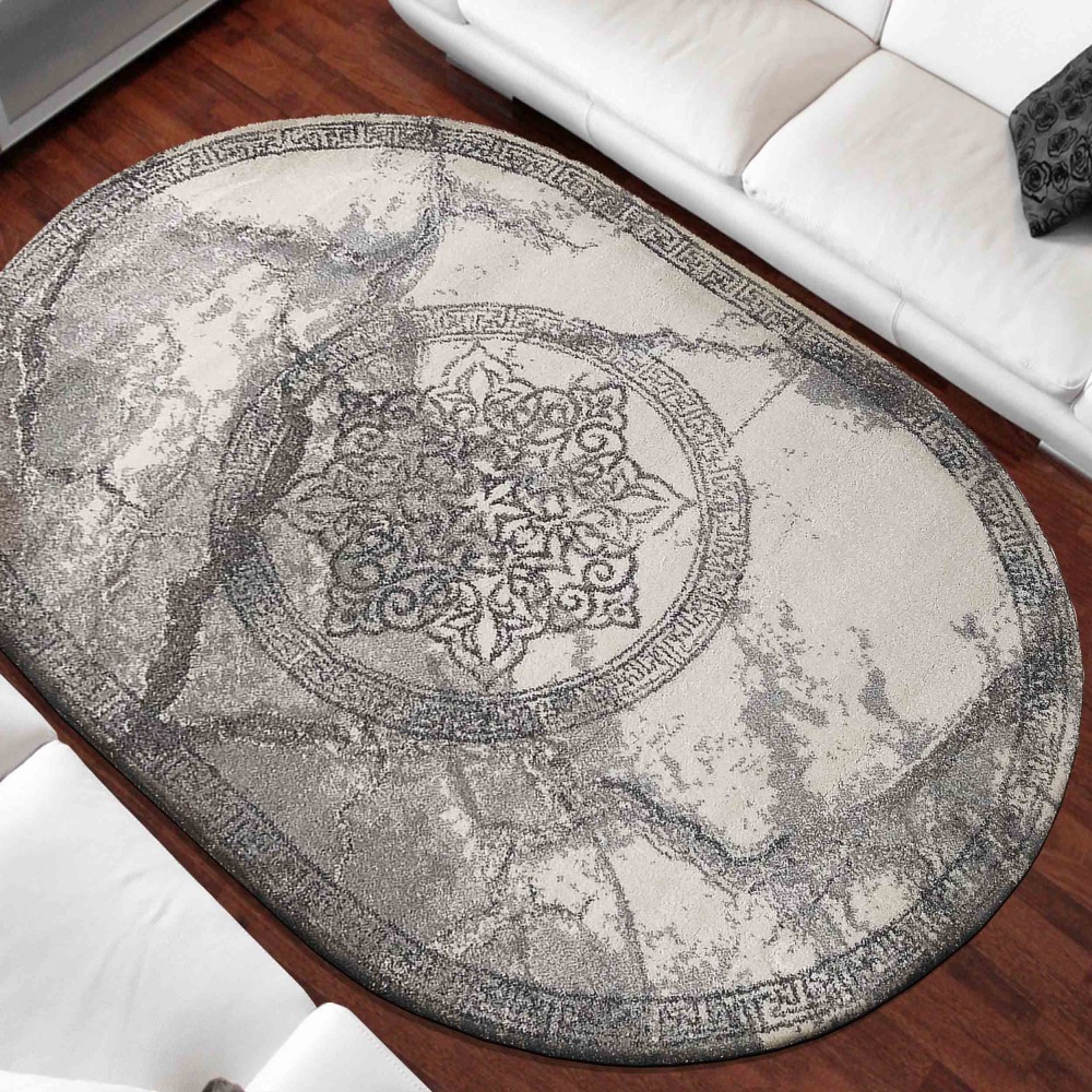 Luxusní šedý oválný koberec s originálním vzorem Šířka: 80 cm | Délka: 150 cm