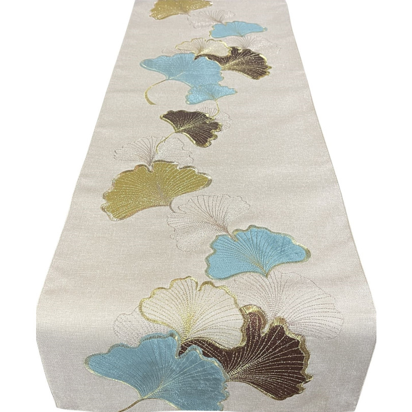Traversă decorativă bej cu motiv de frunze de Ginkgo Lățime: 35 cm | Lungime: 140 cm