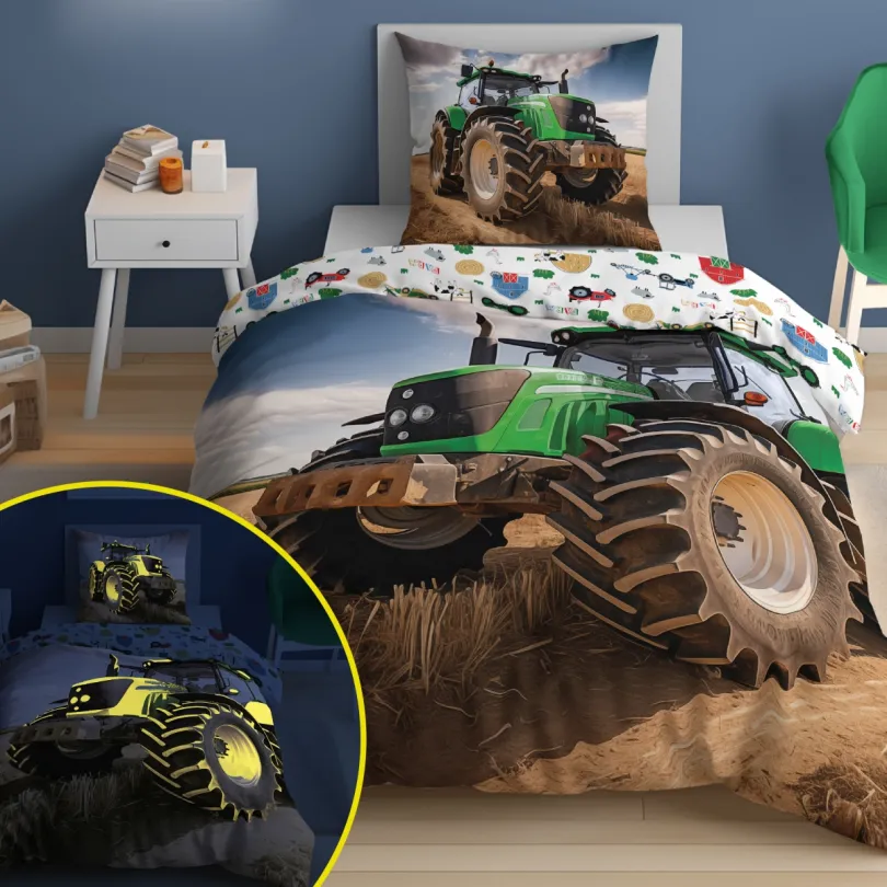 Lenjerie de pat din bumbac care strălucește în întuneric - motiv tractor 2 piese: 1 buc 140x200 + 1 buc 70x80