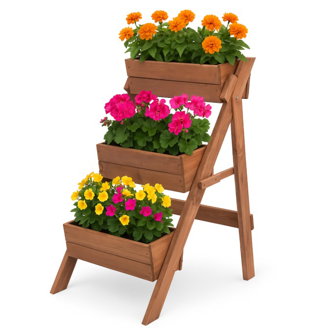 Suport de flori din lemn Vas de flori cu 3 niveluri din lemn natural