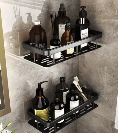 Set de 2 rafturi de baie din aluminiu cu cârlige