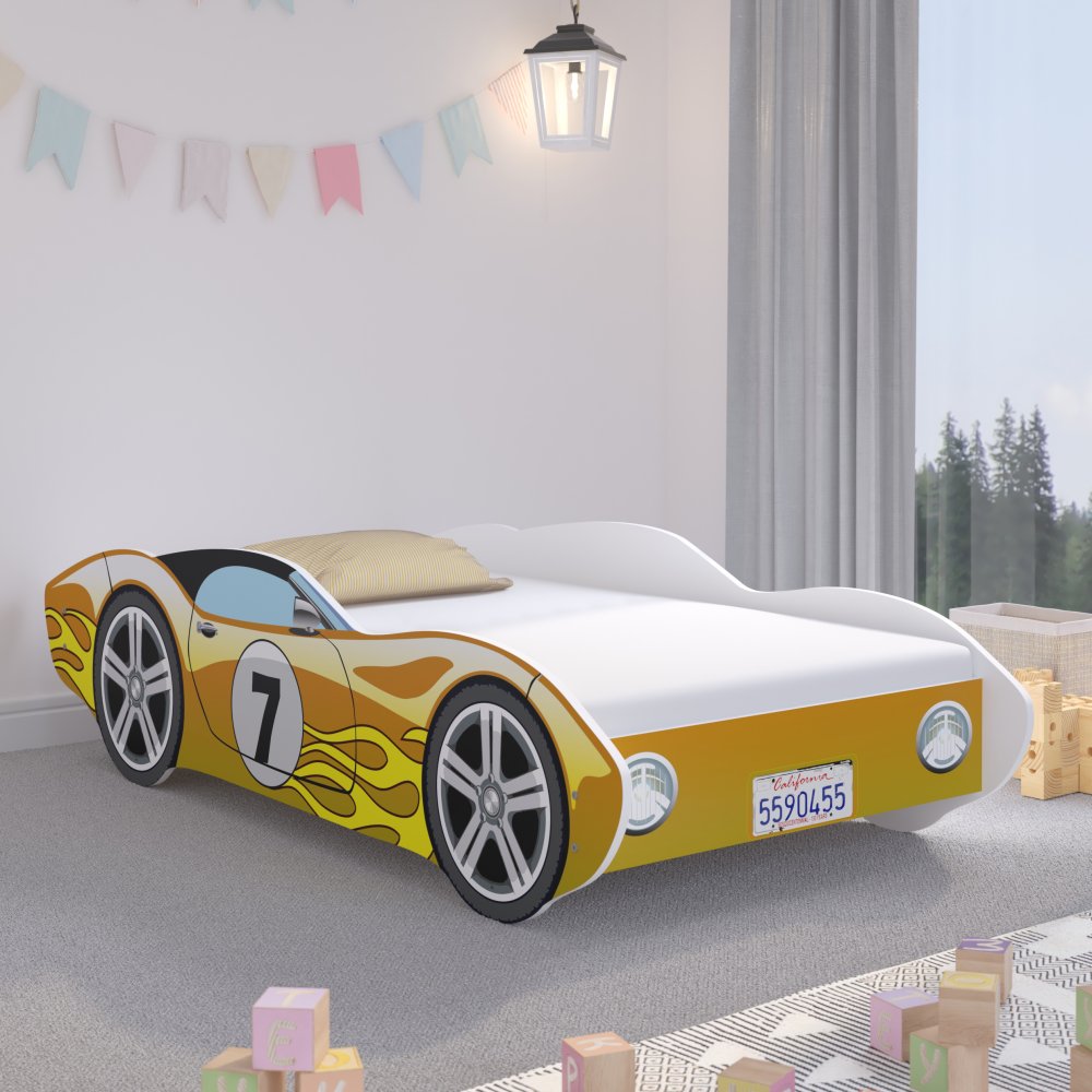 Pat galben de înaltă calitate pentru copii de 160 x 80 cm într-o mașină de curse tavre