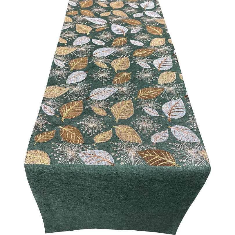 Traversă decorativă verde cu frunze aurii Lățime: 35 cm | Lungime: 140 cm