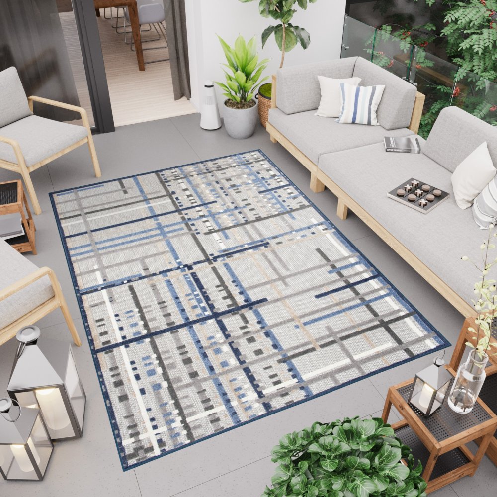 Terasový šedý koberec s modrým vzorem Šírka: 160 cm | Dĺžka: 230 cm