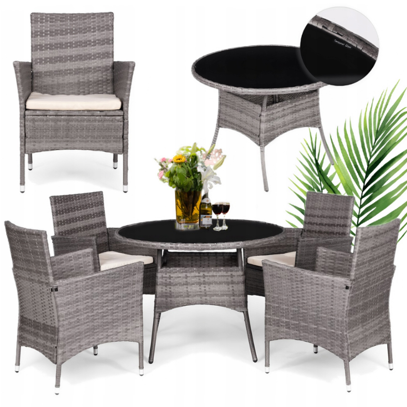 Set de mobilier de grădină în gri deschis - 4 fotolii și o masă rotundă
