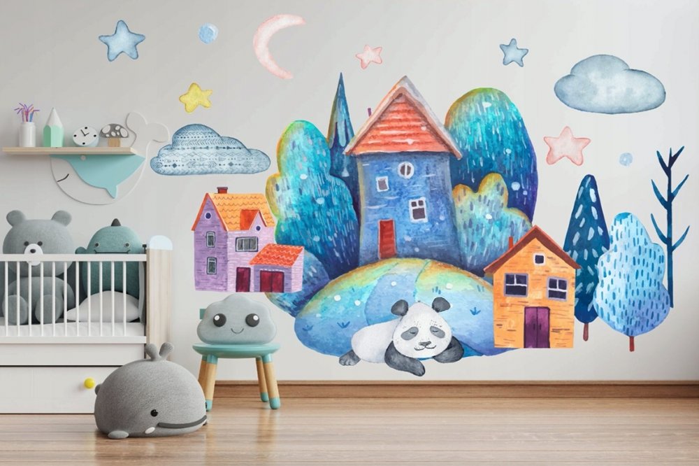 Nádherná nálepka do dětského pokojíka kouzelný nočný svět ospalé pandy 120 x 240 cm