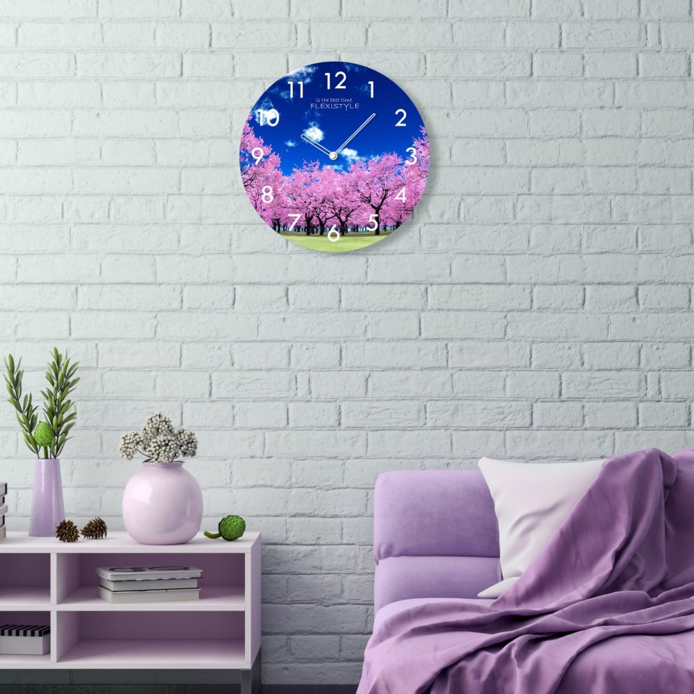 Ceas rotund din sticlă cu motiv arbore de flori , 30 cm