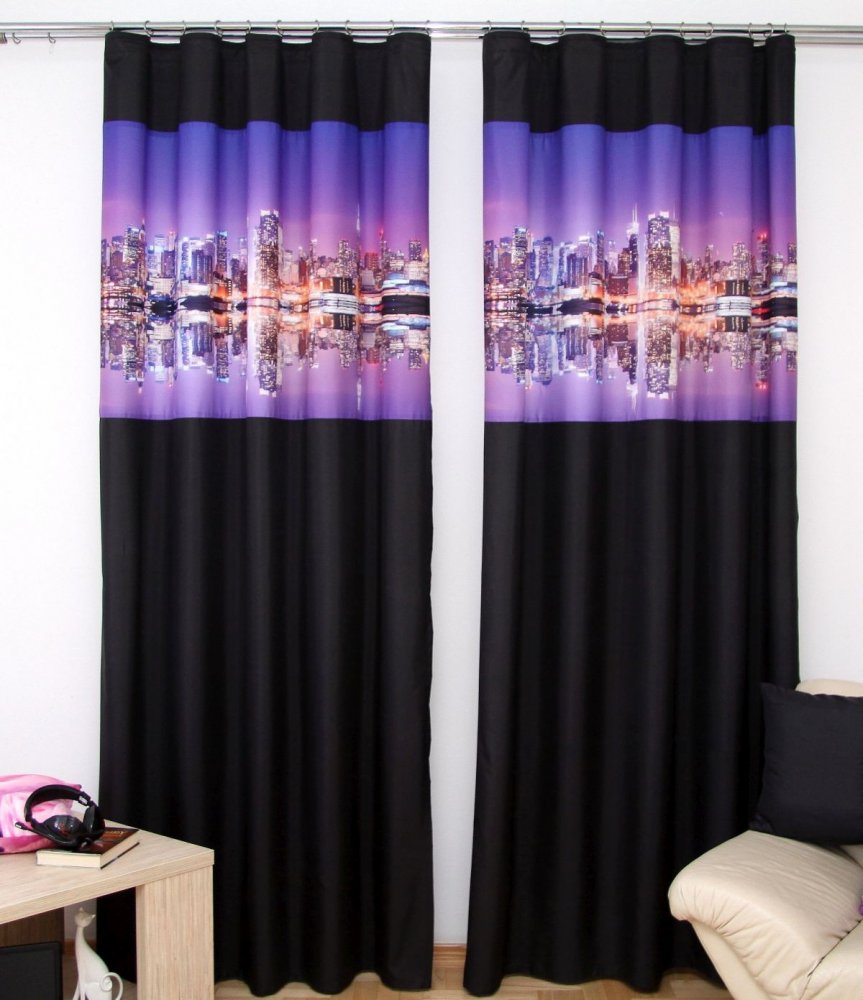 Draperie pentru sufragerie neagră cu motivul metropolei de seară Lăţime: 160 cm | Lungime: 250 cm (într-un set de 2 bucăți)