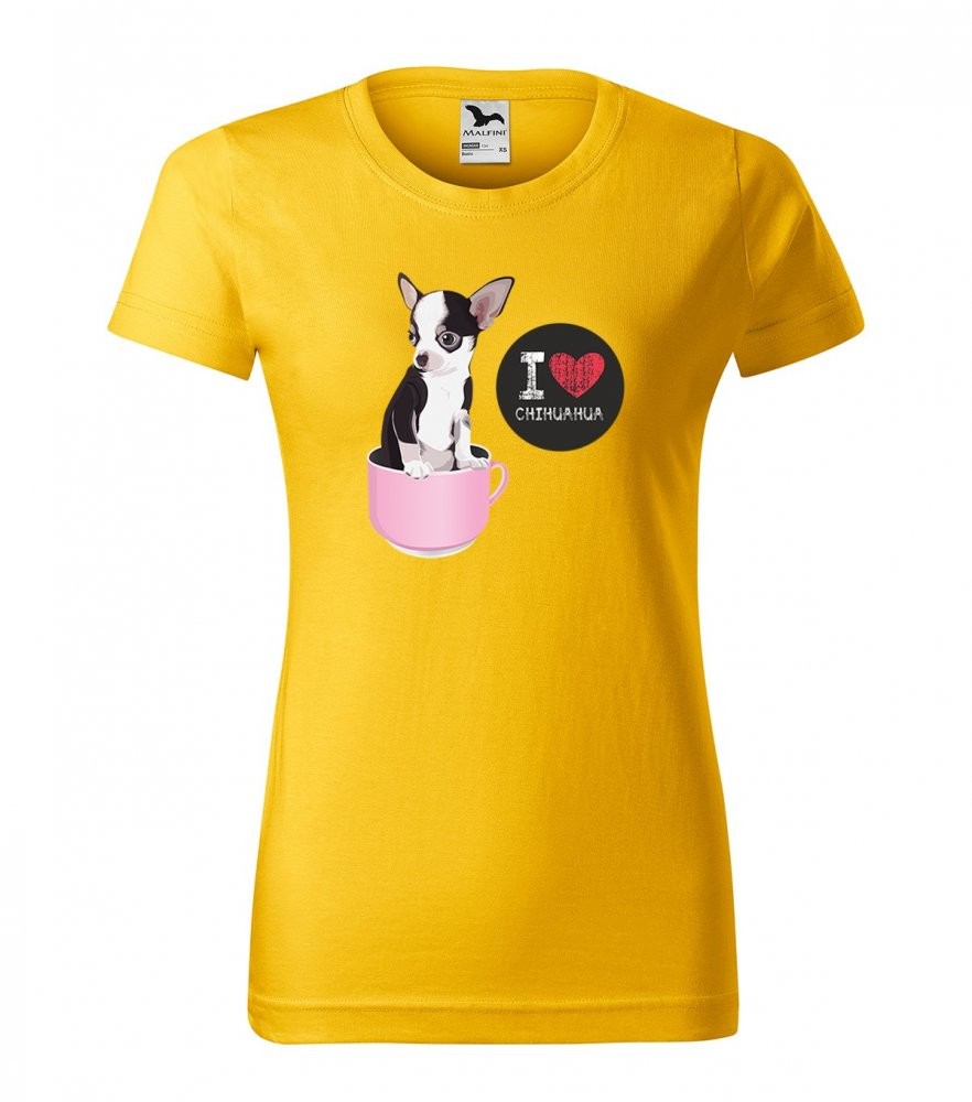 Kvalitné bavlnené dámske tričko s potlačou plemena čivava Žlutá M