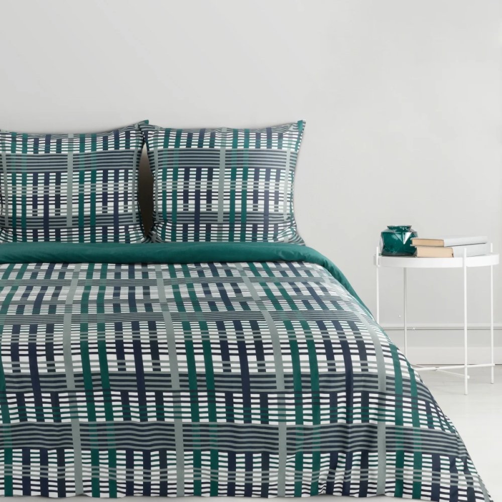 Cearșafuri de pat din bumbac sateen - turcoaz închis cu model geometric 2 părți: 1 buc 140x200 + 1 buc 70x80