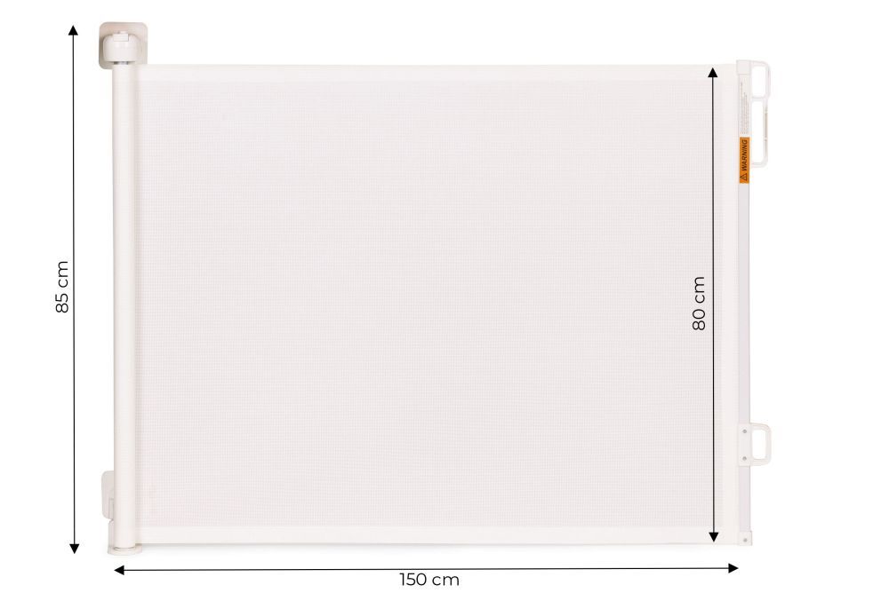 Barieră de protecție albă – roletă retractabilă pentru scări și intrări, disponibilă în mai multe dimensiuni Lățime: 180 cm | Lungime: 85 cm