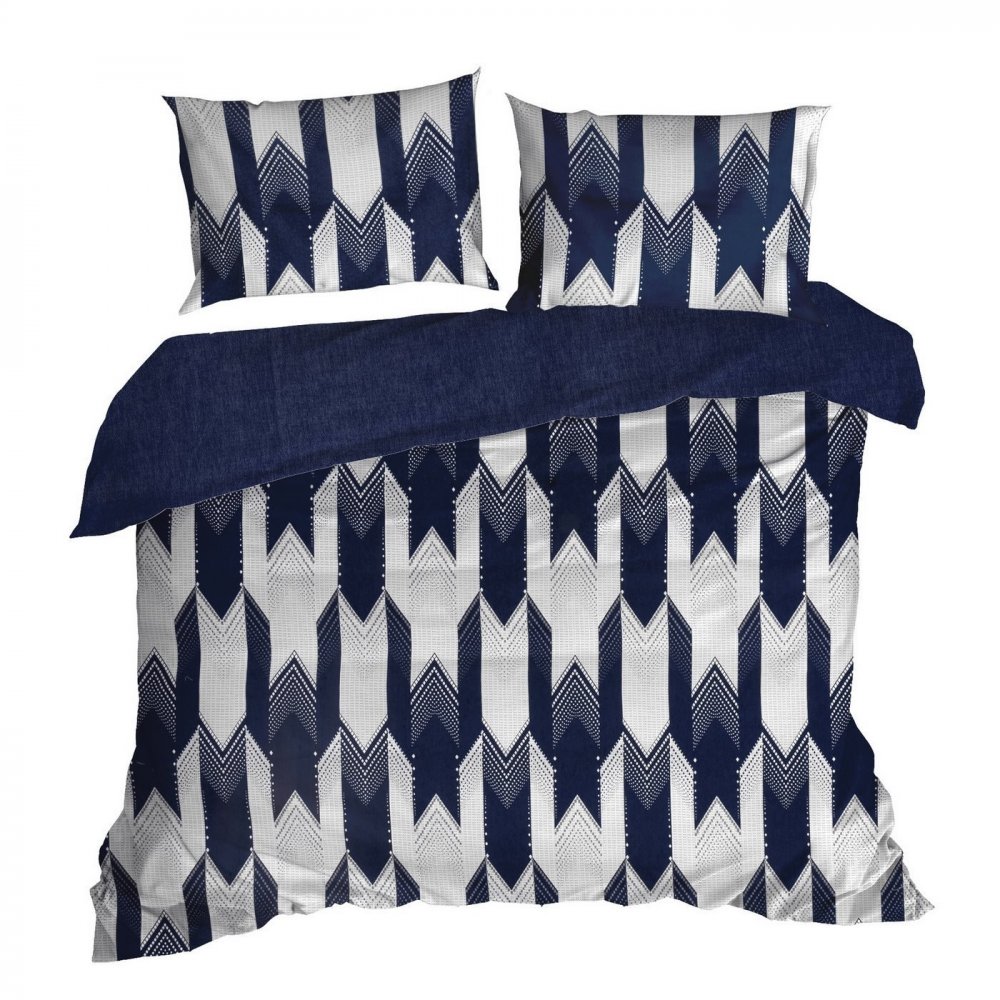 Set de cearșafuri din bumbac PALERMO decorate cu un motiv geometric în culorile albastru și alb 3 părți: 1 buc 200x220 + 2 buc 70x80