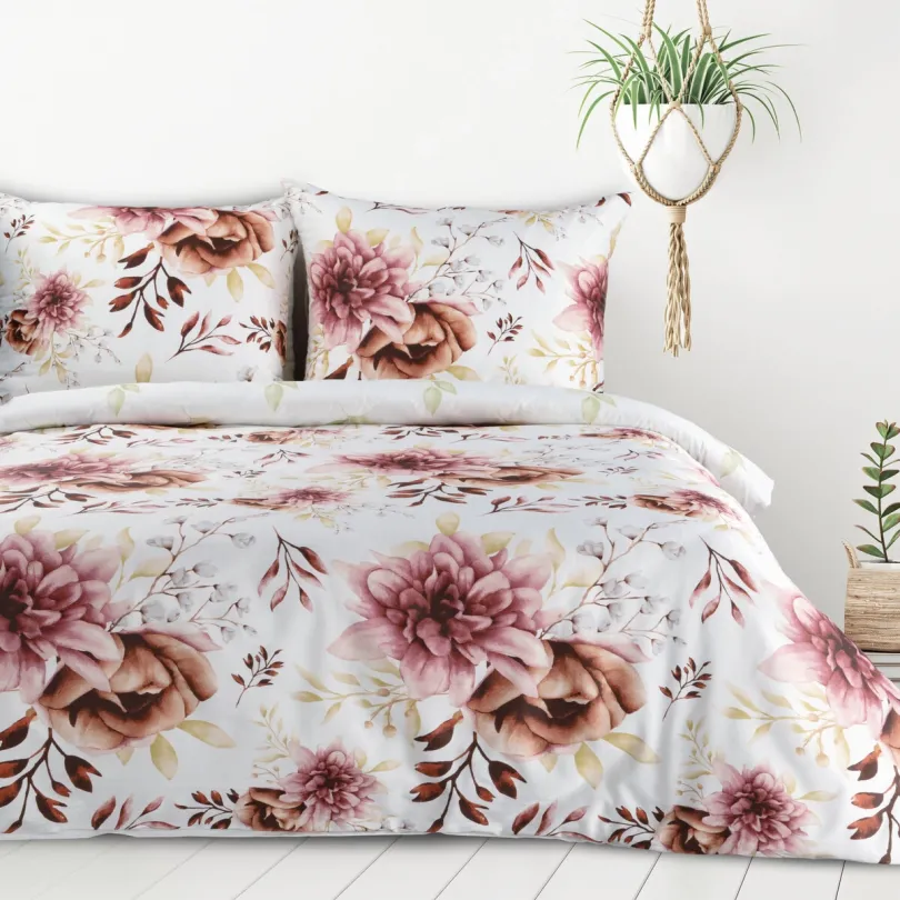 Cearșafuri de pat reversibile cu imprimeu floral îndrăzneț - alb 2 părți: 1 buc 140x200 + 1 buc 70x80