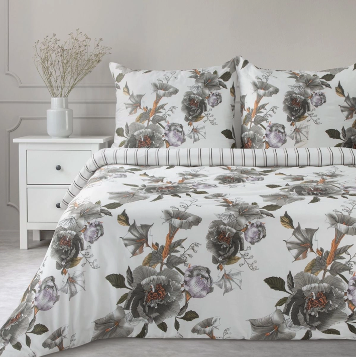 Cearșafuri reversibile din bumbac sateen - alb cu flori gri 2 părți: 1 buc 140x200 + 1 buc 70x80
