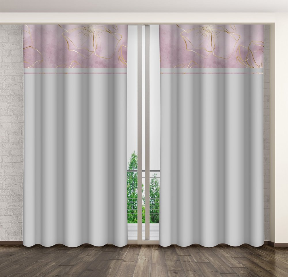 Romantický závěs v šedé barvě s růžovým okrajem a zlatými květy Délka: 270 cm