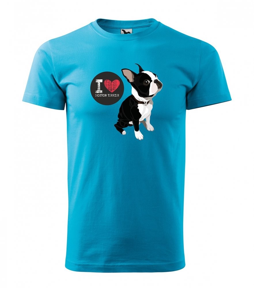 Originální bavlněné pánské tričko pro milovníky plemene bostonský teriér Tyrkysová M