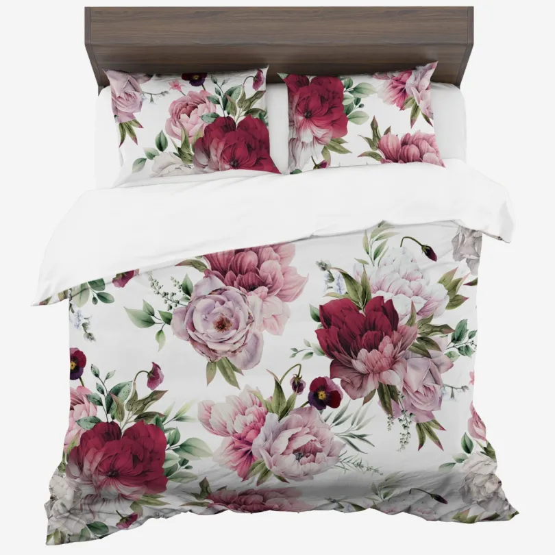 Lenjerie de pat din bumbac sintetic cu model floral cu bujori roz – albă 2 piese: 1 buc 140x200 + 1 buc 70x80